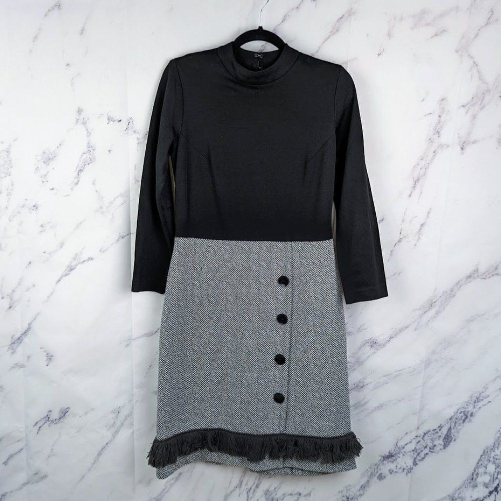 Vintage 70s Black Tweed Fringe Mock Neck Dress Long Sleeve ILGWU Mod Size Medium